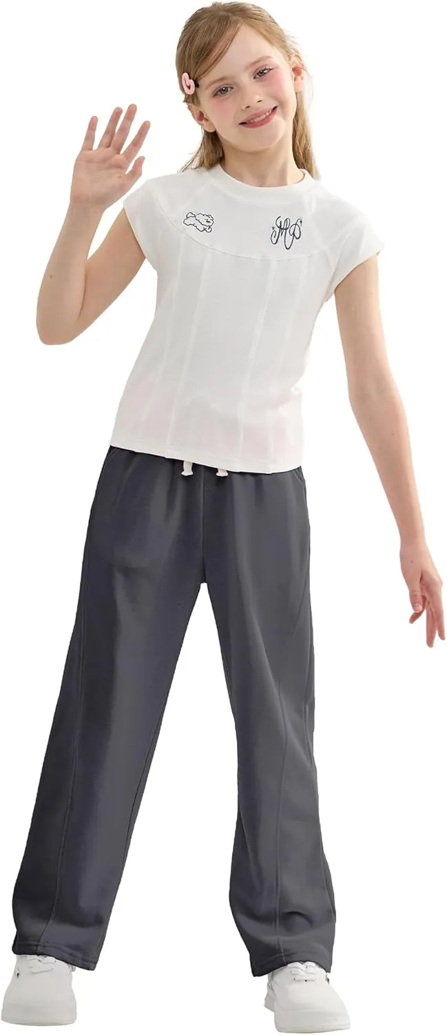 Rolanko Girls Wide Leg Sweatpants Straight Pants for Kids Girls Trousers with Pockets Sweats