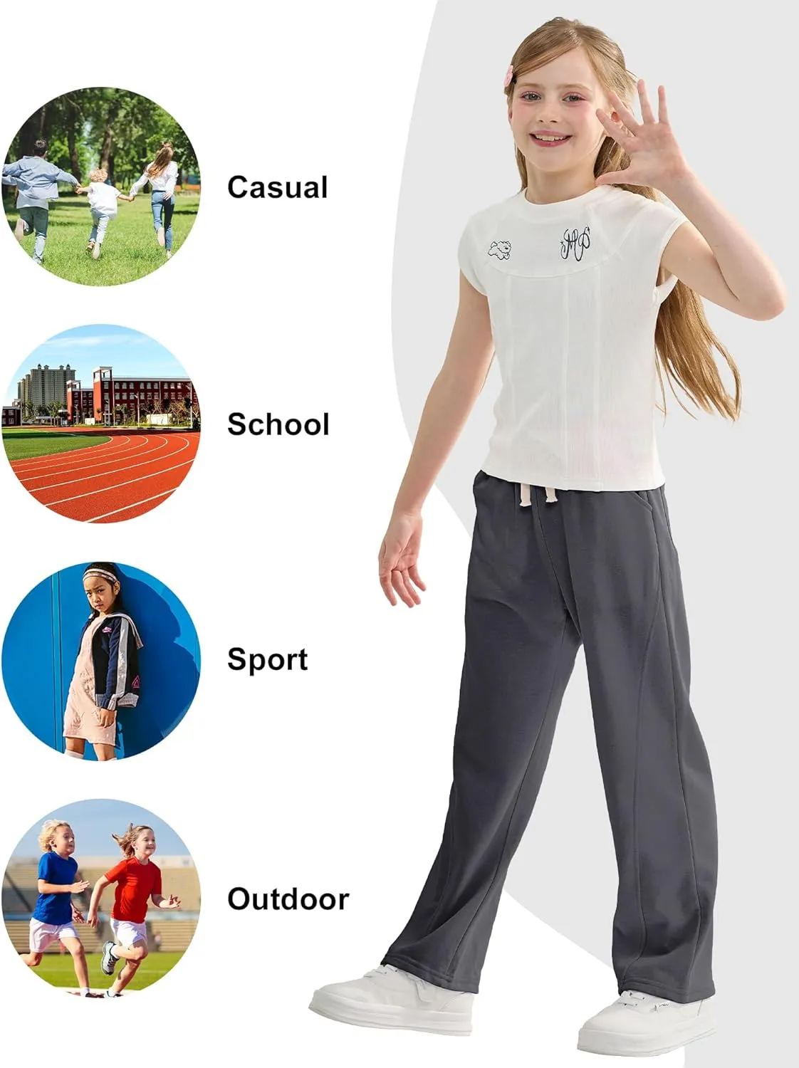 Rolanko Girls Wide Leg Sweatpants Straight Pants for Kids Girls Trousers with Pockets Sweats