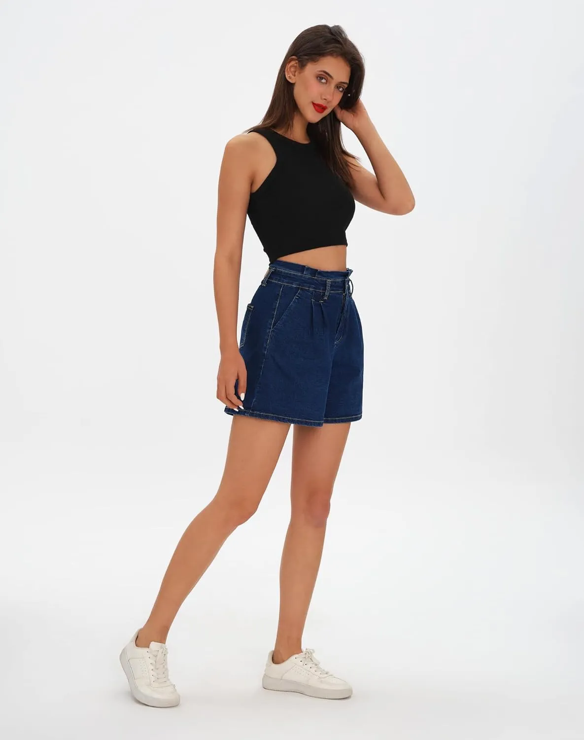 roswear Women’s High Waisted Stretchy Wide Leg Denim Baggy Jean Shorts