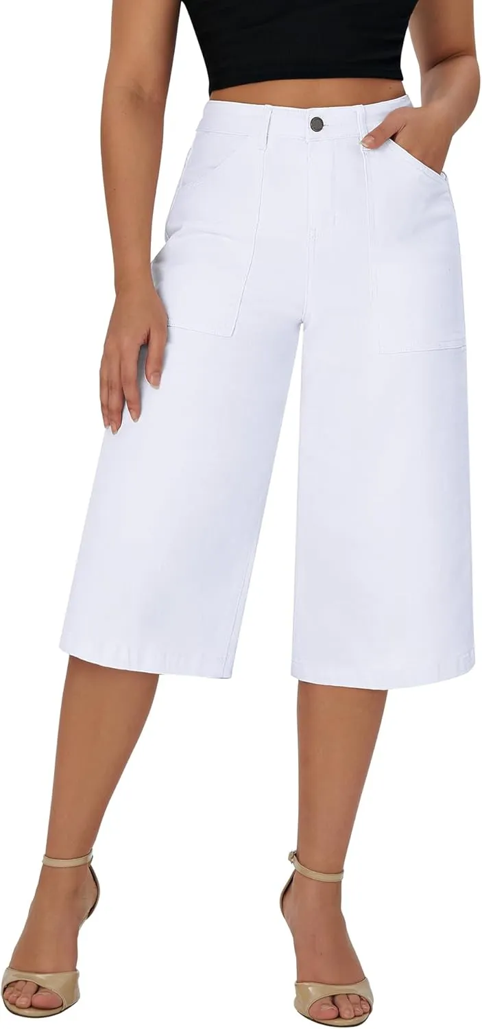 roswear Women’s Wide Leg Capri Pants Stretchy High Waisted Loose Denim Jeans