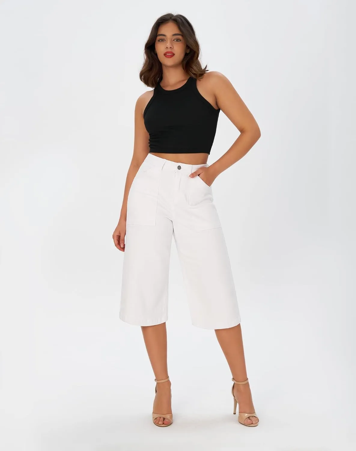 roswear Women’s Wide Leg Capri Pants Stretchy High Waisted Loose Denim Jeans