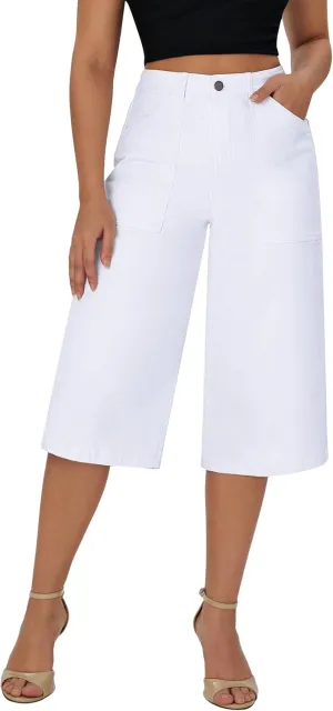 roswear Women’s Wide Leg Capri Pants Stretchy High Waisted Loose Denim Jeans