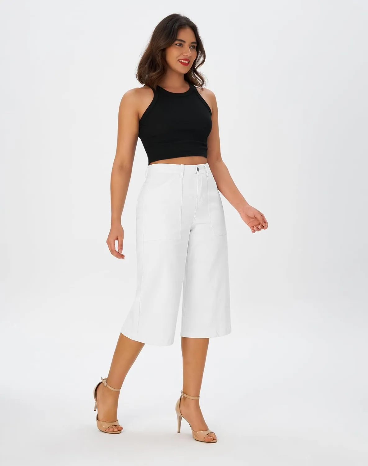 roswear Women’s Wide Leg Capri Pants Stretchy High Waisted Loose Denim Jeans