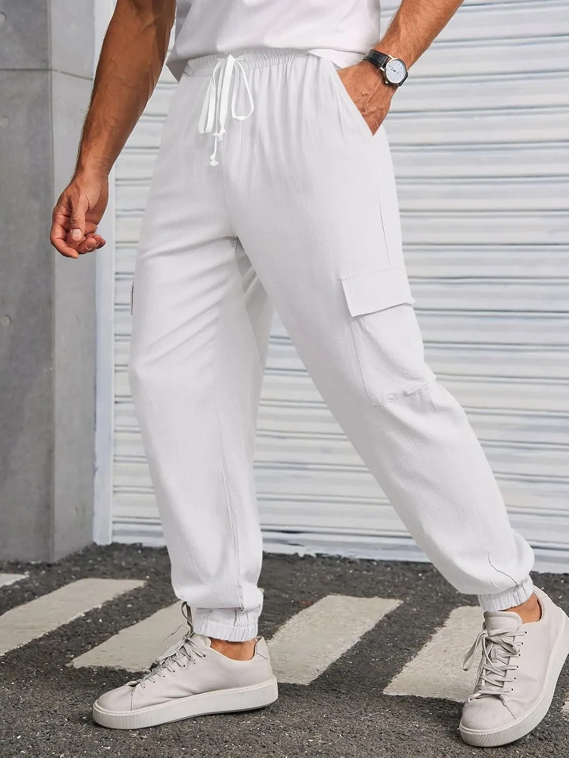 Runcati Mens Cargo Joggers Pants Casual Drawstring Waist Trousers Tapered Lightweight Pants with Pockets