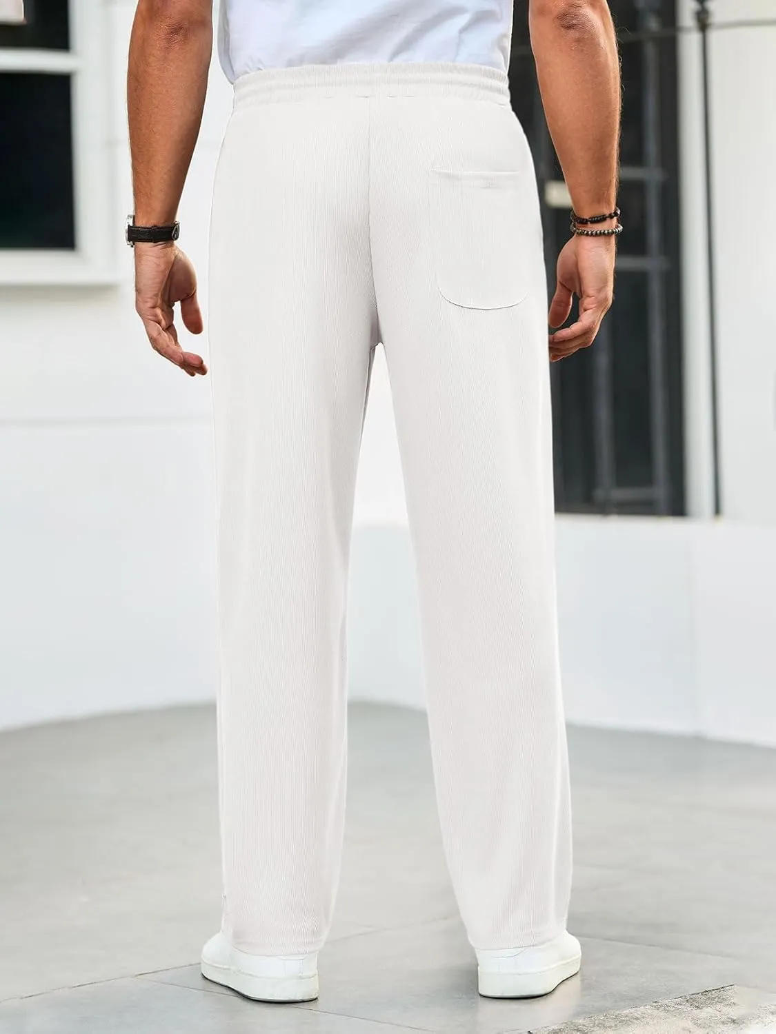 Runcati Mens Casual Pants Drawstring Elastic Waist Ribbed Sweatpants Straight Leg Loose Fit Trousers