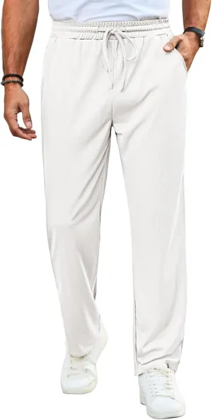 Runcati Mens Casual Pants Drawstring Elastic Waist Ribbed Sweatpants Straight Leg Loose Fit Trousers