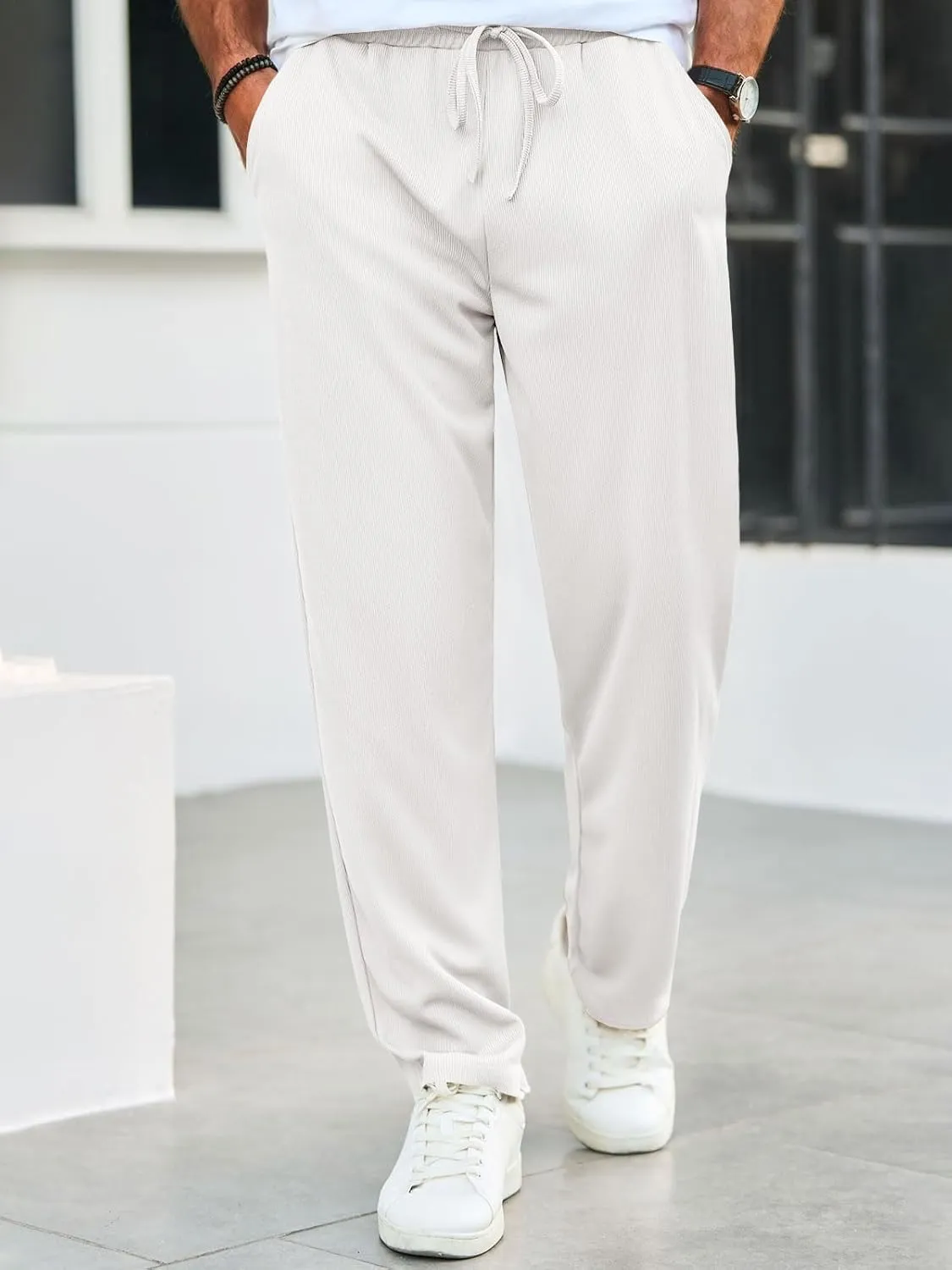Runcati Mens Casual Pants Drawstring Elastic Waist Ribbed Sweatpants Straight Leg Loose Fit Trousers