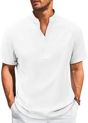 Runcati Mens Cotton Henley T-Shirts Short Sleeve Linen Textured Casual Summer Beach Hippie Shirt Tops