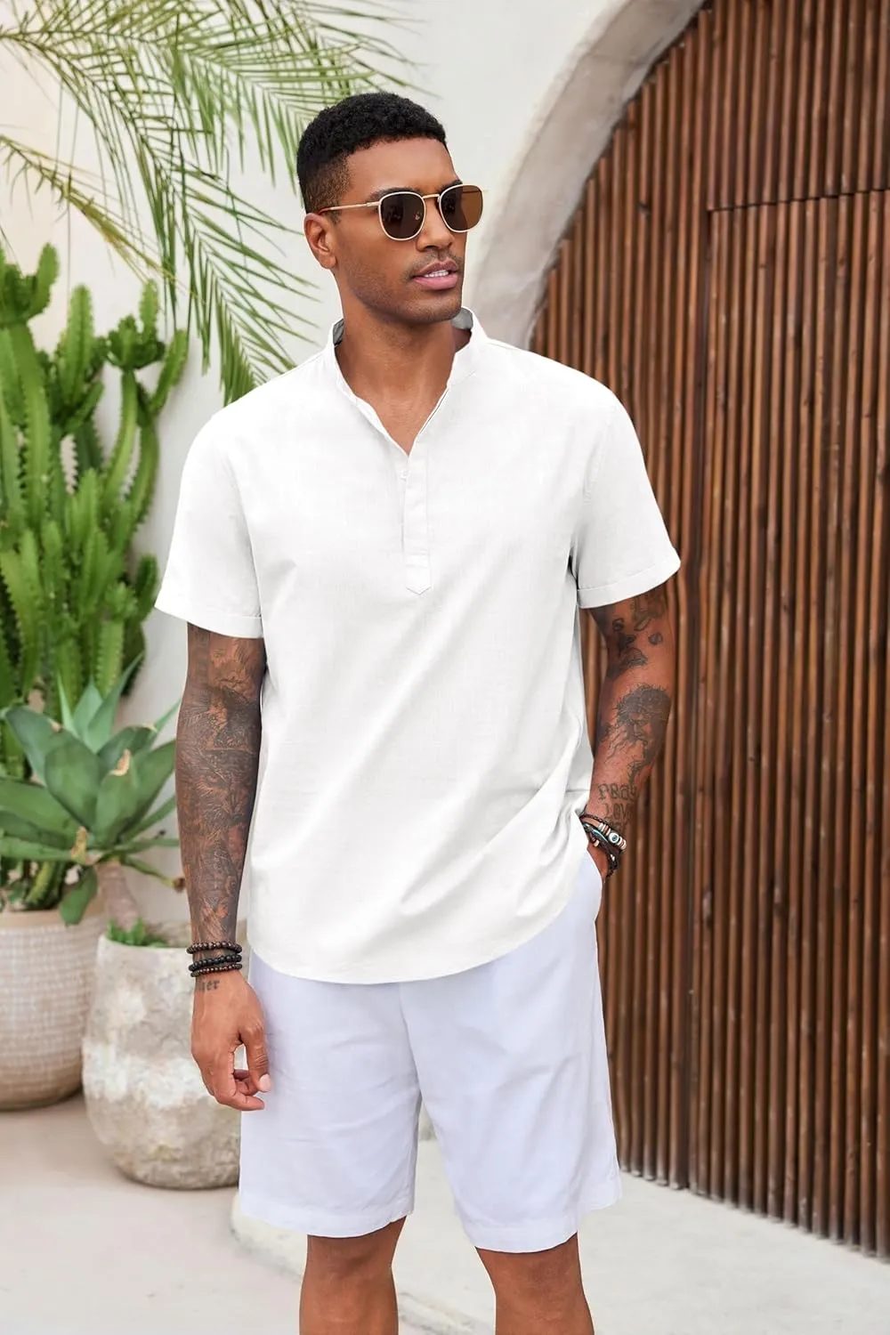 Runcati Mens Cotton Henley T-Shirts Short Sleeve Linen Textured Casual Summer Beach Hippie Shirt Tops