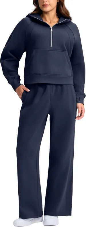 SANTINY Womens Sweatsuits 2 piece Set Fleece Lined Hoodies Crop Sweatshirt Winter Lounge Sets Wide Leg Sweatpants