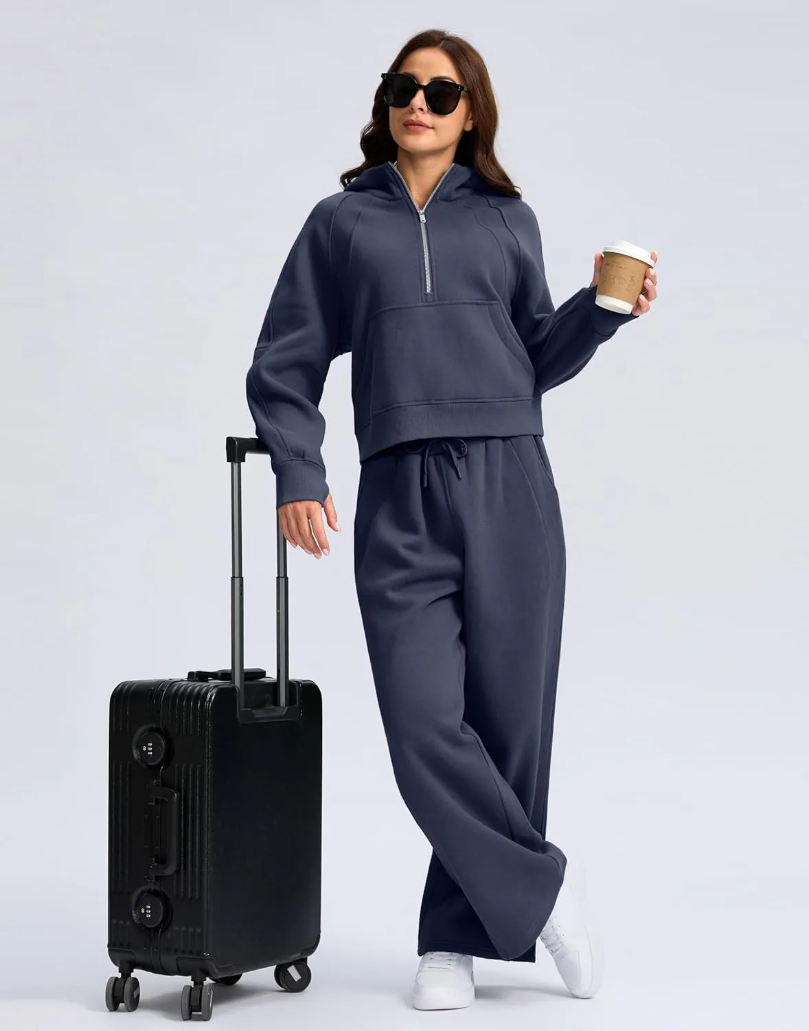 SANTINY Womens Sweatsuits 2 piece Set Fleece Lined Hoodies Crop Sweatshirt Winter Lounge Sets Wide Leg Sweatpants
