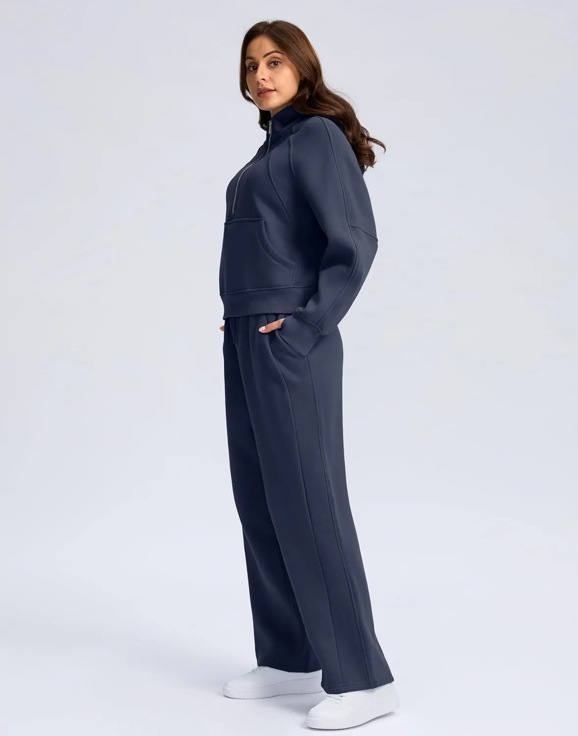 SANTINY Womens Sweatsuits 2 piece Set Fleece Lined Hoodies Crop Sweatshirt Winter Lounge Sets Wide Leg Sweatpants