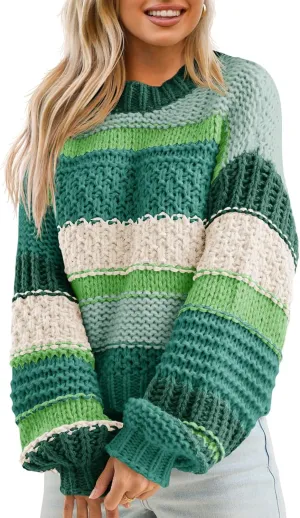 Saodimallsu Womens Color Block Sweater Striped Chunky Knit Cropped Sweaters Crewneck Fall Long Sleeve Loose Pullover Tops