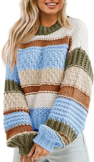 Saodimallsu Womens Color Block Sweater Striped Chunky Knit Cropped Sweaters Crewneck Fall Long Sleeve Loose Pullover Tops