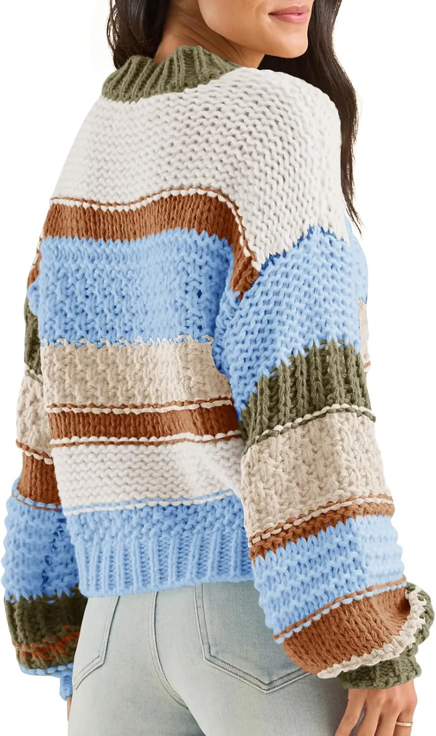 Saodimallsu Womens Color Block Sweater Striped Chunky Knit Cropped Sweaters Crewneck Fall Long Sleeve Loose Pullover Tops