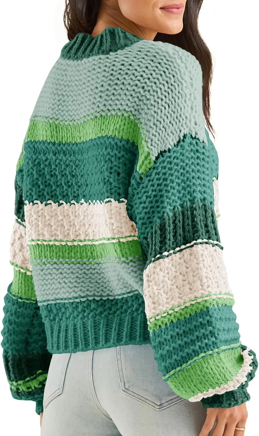 Saodimallsu Womens Color Block Sweater Striped Chunky Knit Cropped Sweaters Crewneck Fall Long Sleeve Loose Pullover Tops