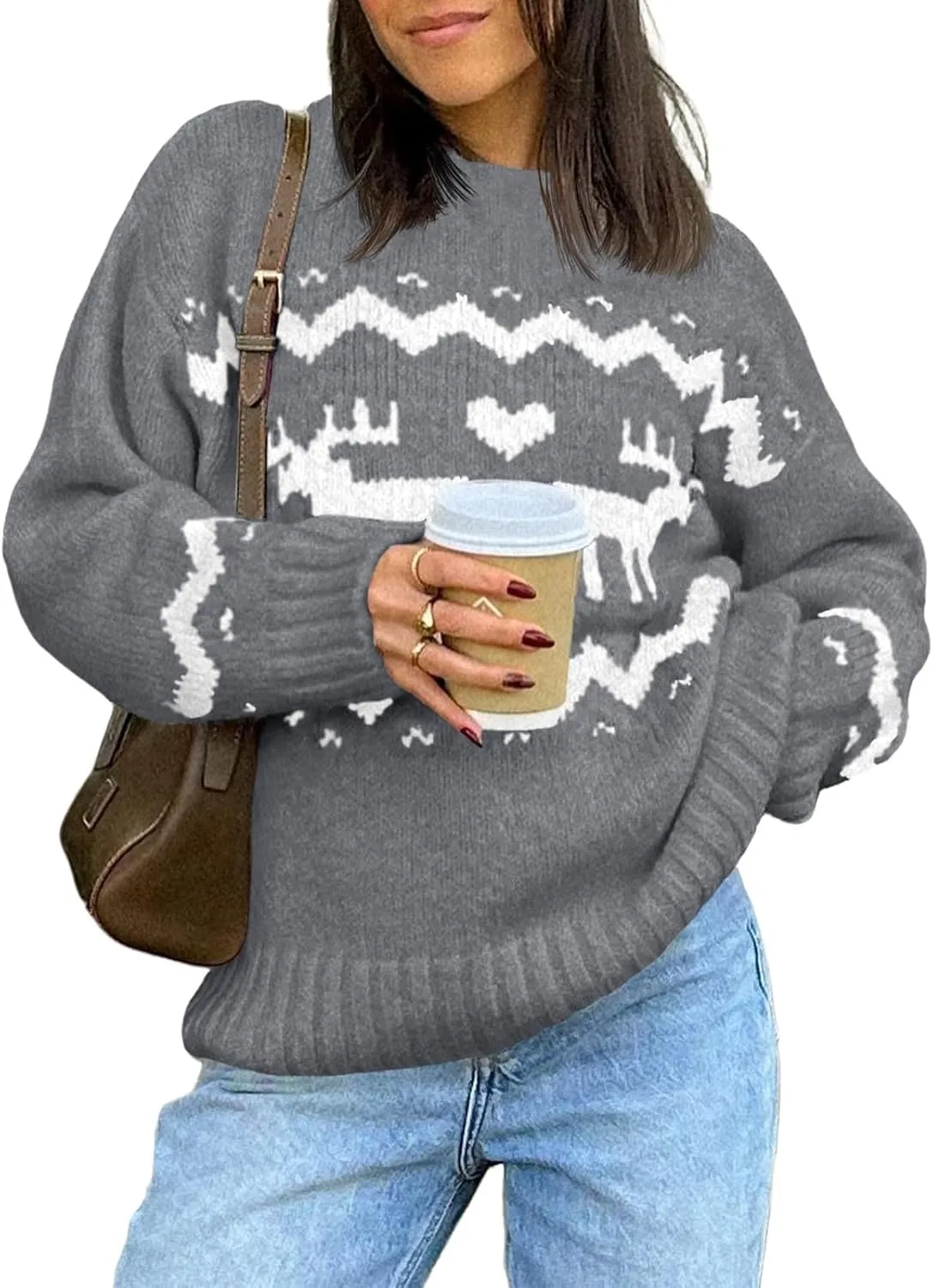 Saodimallsu Womens Oversized Christmas Sweaters Crewneck Chunky Reindeer Knit Long Sleeve Santa Xmas Pullover Sweater