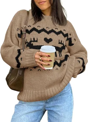 Saodimallsu Womens Oversized Christmas Sweaters Crewneck Chunky Reindeer Knit Long Sleeve Santa Xmas Pullover Sweater