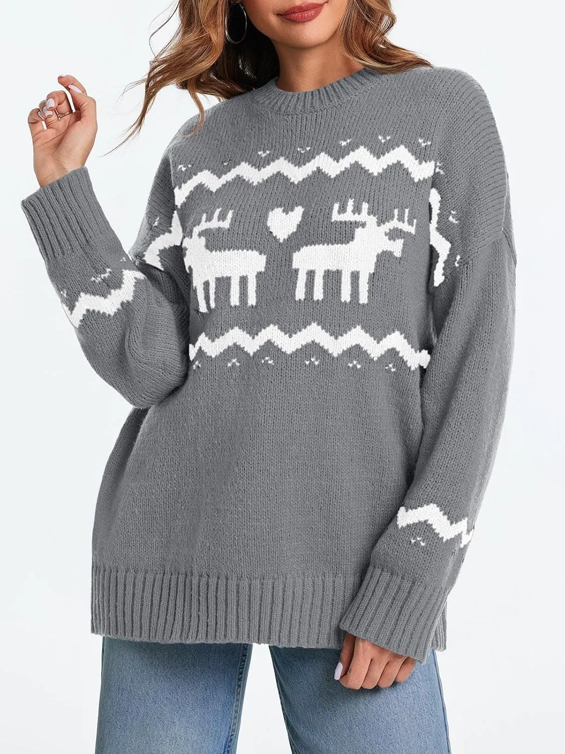 Saodimallsu Womens Oversized Christmas Sweaters Crewneck Chunky Reindeer Knit Long Sleeve Santa Xmas Pullover Sweater