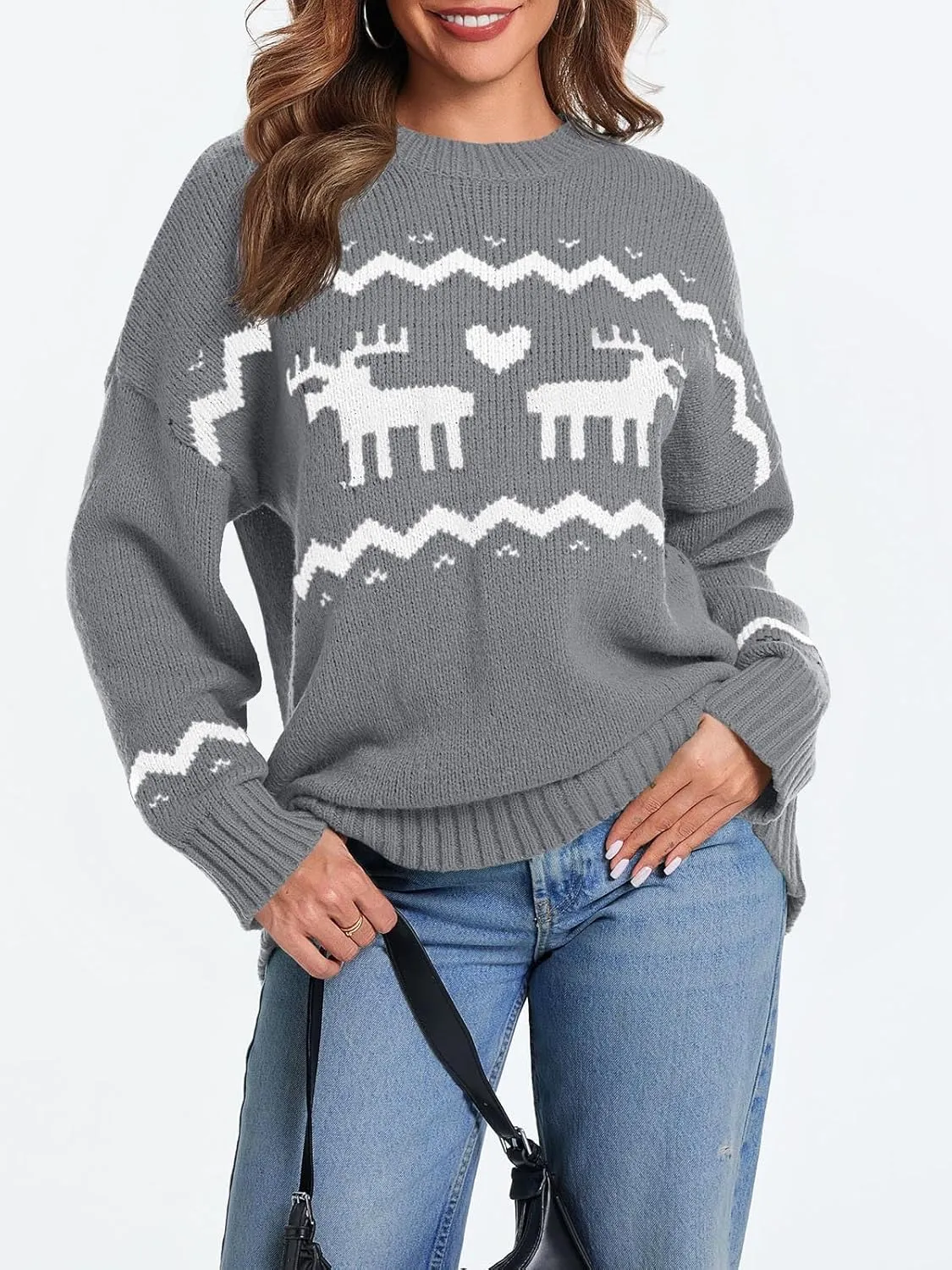 Saodimallsu Womens Oversized Christmas Sweaters Crewneck Chunky Reindeer Knit Long Sleeve Santa Xmas Pullover Sweater