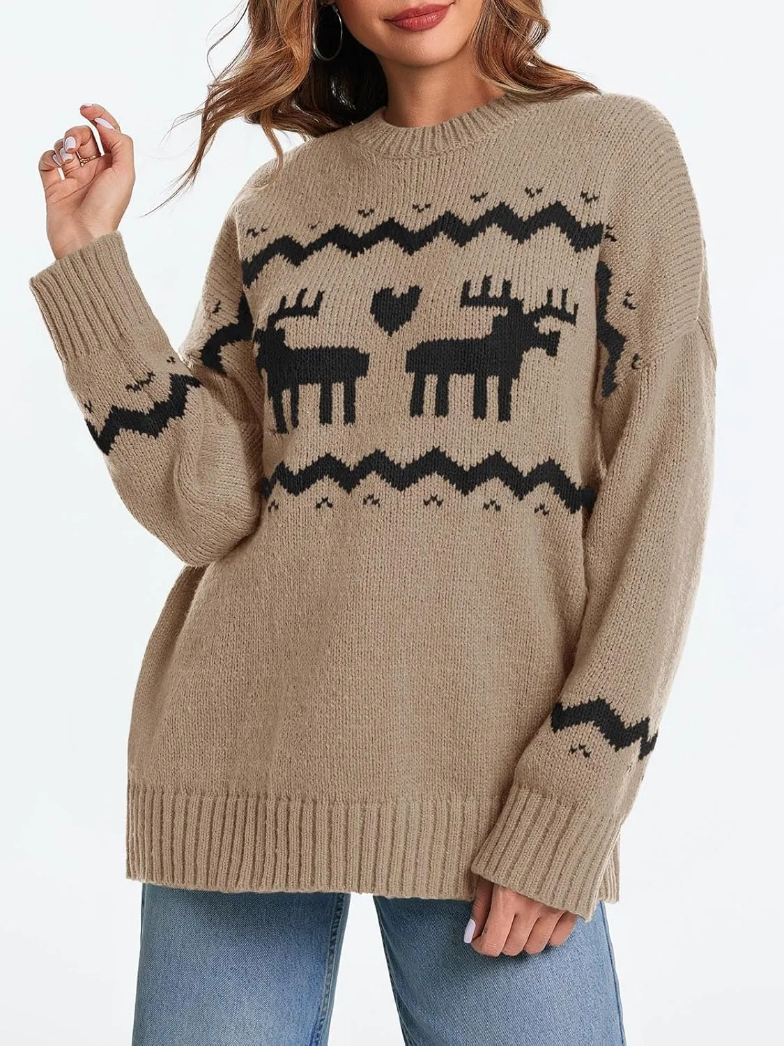 Saodimallsu Womens Oversized Christmas Sweaters Crewneck Chunky Reindeer Knit Long Sleeve Santa Xmas Pullover Sweater