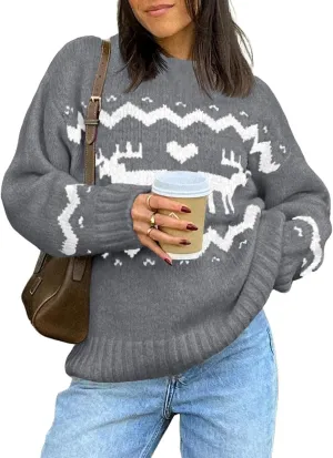 Saodimallsu Womens Oversized Christmas Sweaters Crewneck Chunky Reindeer Knit Long Sleeve Santa Xmas Pullover Sweater