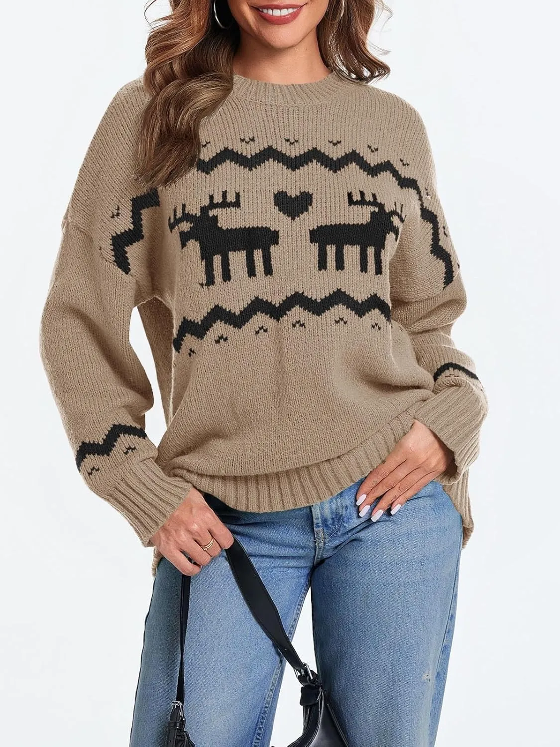 Saodimallsu Womens Oversized Christmas Sweaters Crewneck Chunky Reindeer Knit Long Sleeve Santa Xmas Pullover Sweater
