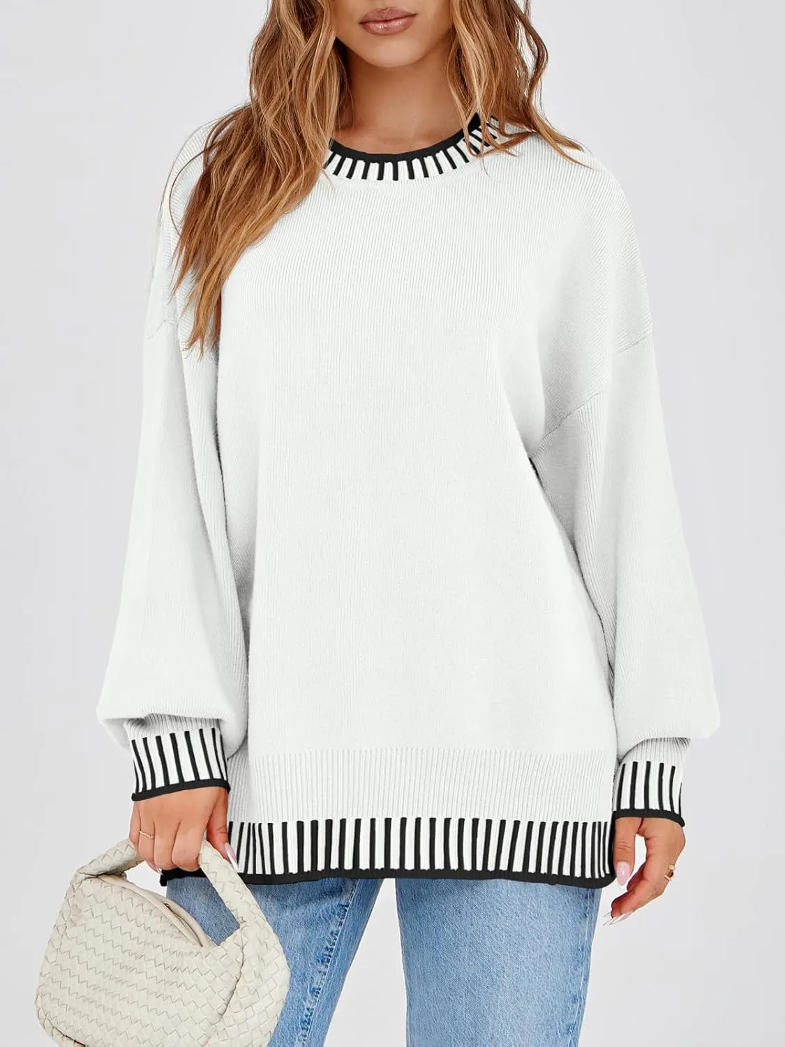 Saodimallsu Womens Oversized Sweaters Crewneck Color Block Winter Sweater Lantern Sleeve Side Slit Knit Pullover Tops