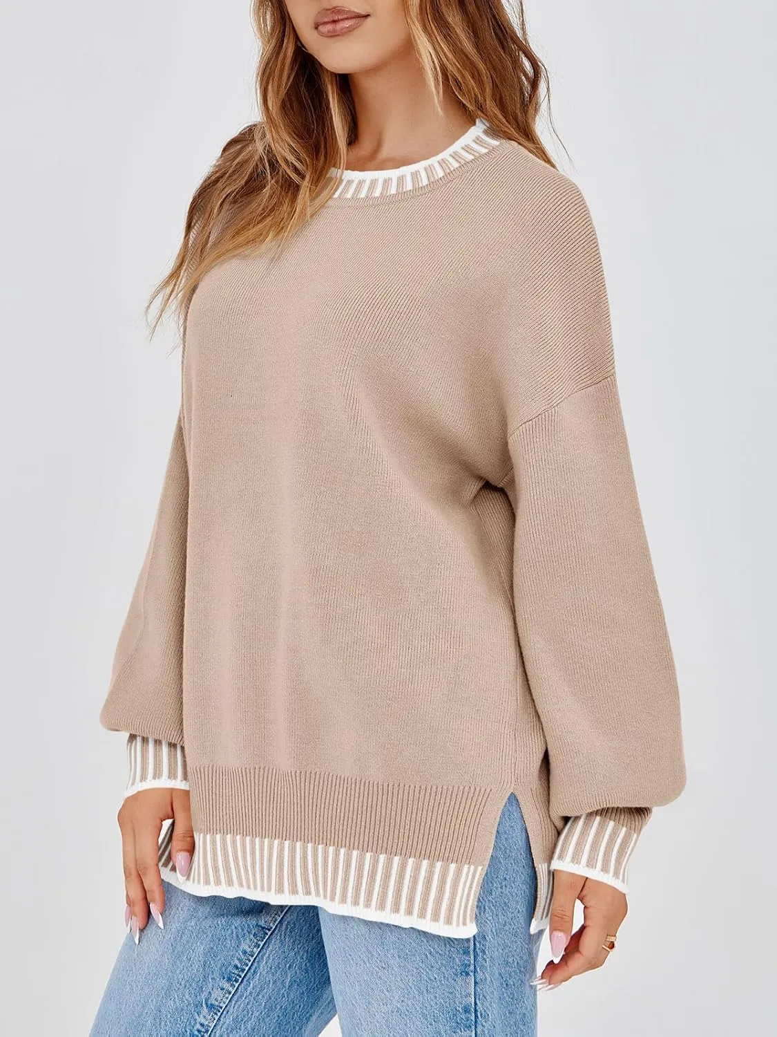 Saodimallsu Womens Oversized Sweaters Crewneck Color Block Winter Sweater Lantern Sleeve Side Slit Knit Pullover Tops
