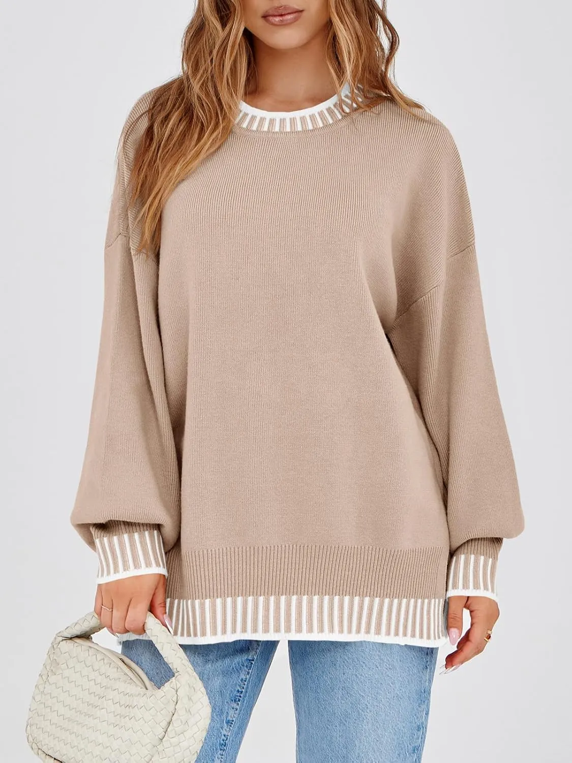 Saodimallsu Womens Oversized Sweaters Crewneck Color Block Winter Sweater Lantern Sleeve Side Slit Knit Pullover Tops