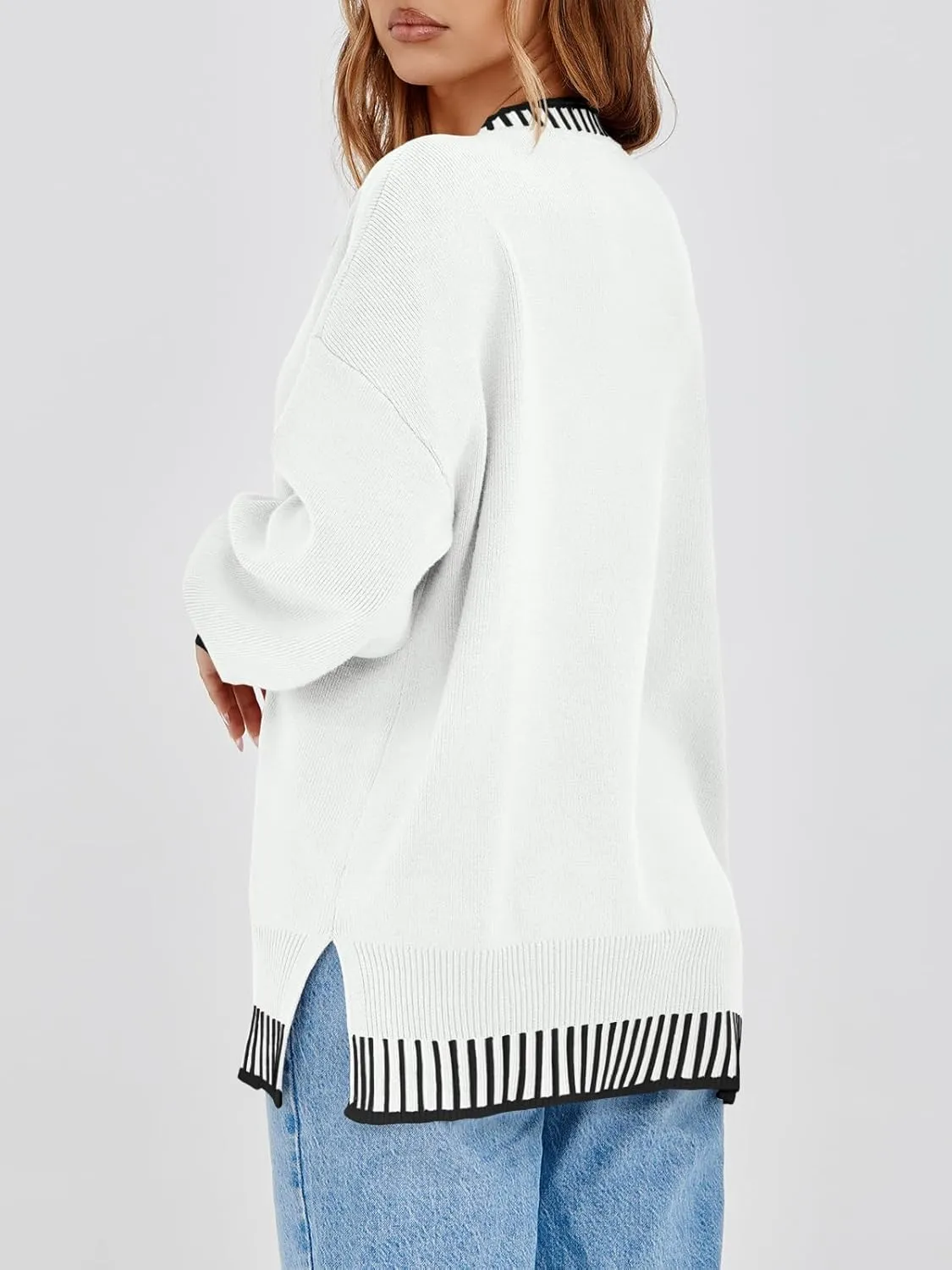 Saodimallsu Womens Oversized Sweaters Crewneck Color Block Winter Sweater Lantern Sleeve Side Slit Knit Pullover Tops
