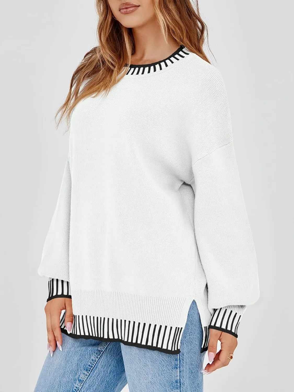 Saodimallsu Womens Oversized Sweaters Crewneck Color Block Winter Sweater Lantern Sleeve Side Slit Knit Pullover Tops