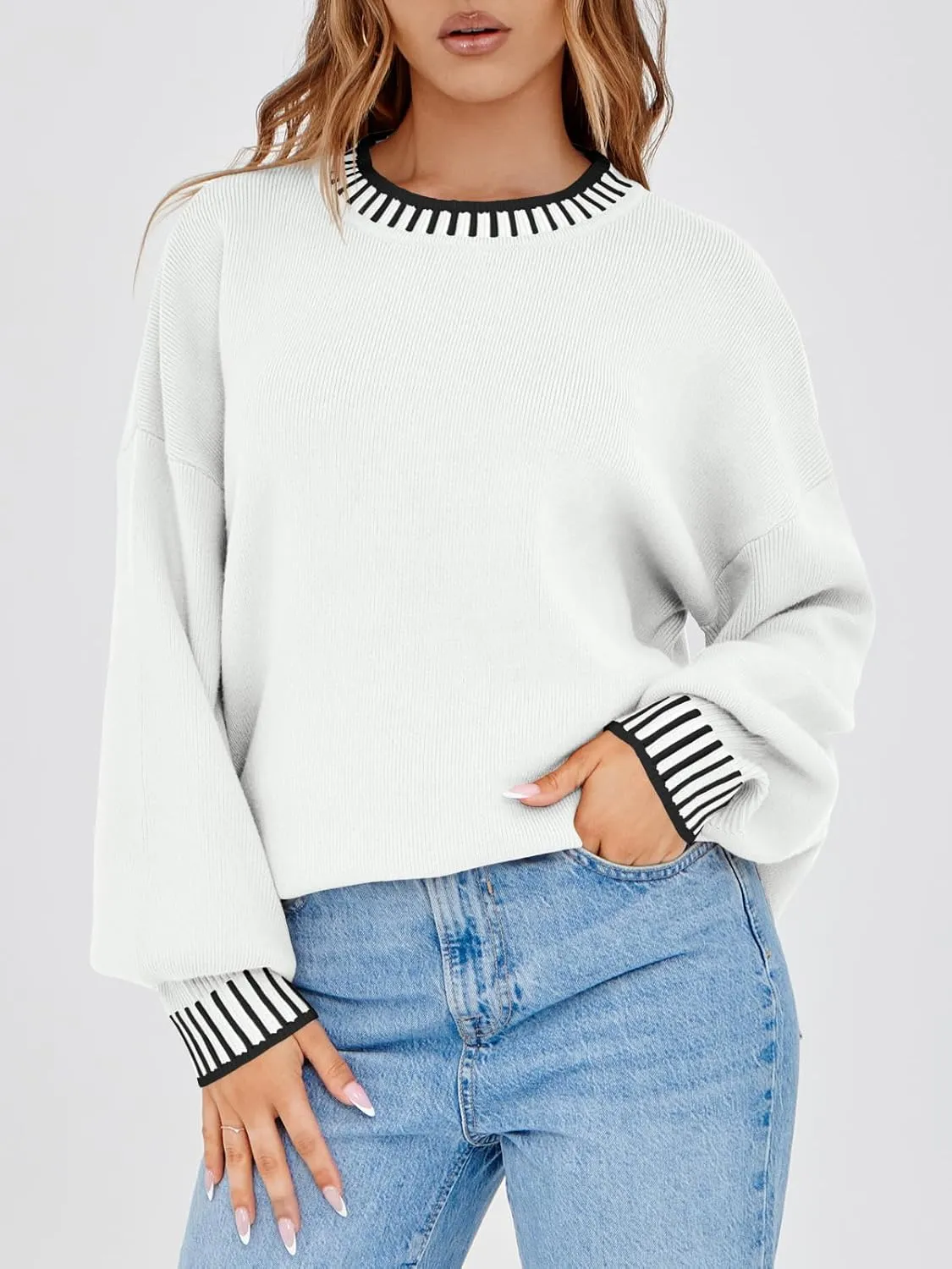 Saodimallsu Womens Oversized Sweaters Crewneck Color Block Winter Sweater Lantern Sleeve Side Slit Knit Pullover Tops