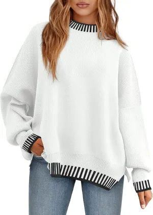 Saodimallsu Womens Oversized Sweaters Crewneck Color Block Winter Sweater Lantern Sleeve Side Slit Knit Pullover Tops