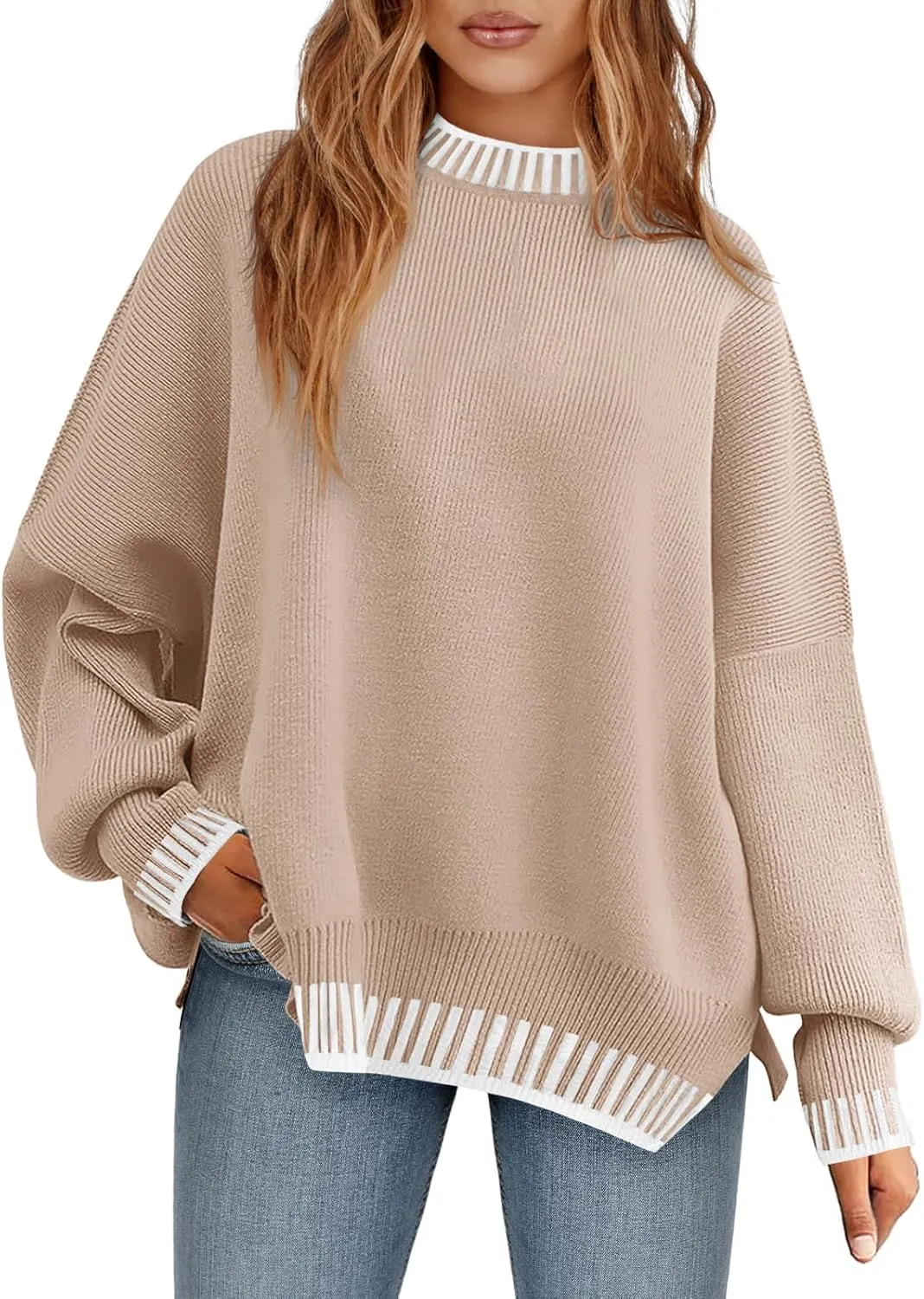 Saodimallsu Womens Oversized Sweaters Crewneck Color Block Winter Sweater Lantern Sleeve Side Slit Knit Pullover Tops