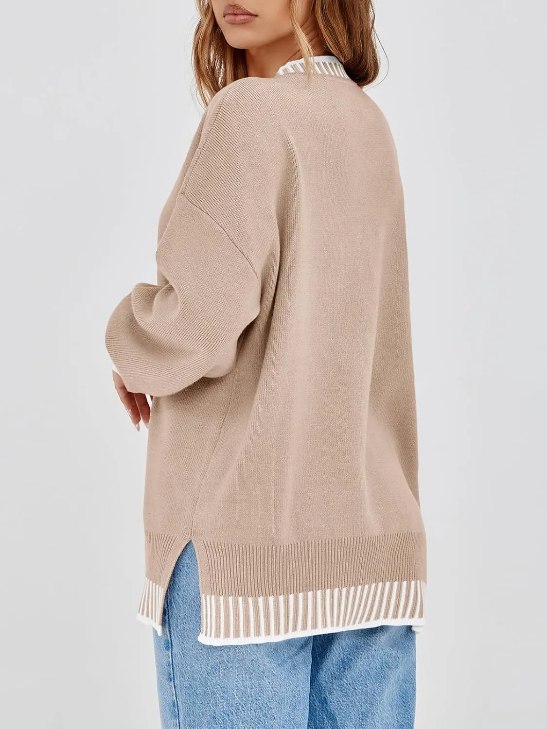 Saodimallsu Womens Oversized Sweaters Crewneck Color Block Winter Sweater Lantern Sleeve Side Slit Knit Pullover Tops