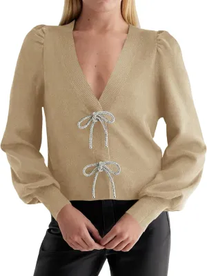 Saodimallsu Womens Puff Long Sleeve Sweaters V Neck Cropped Bow Button Front Cozy Knit Cardigan Sweater Tops