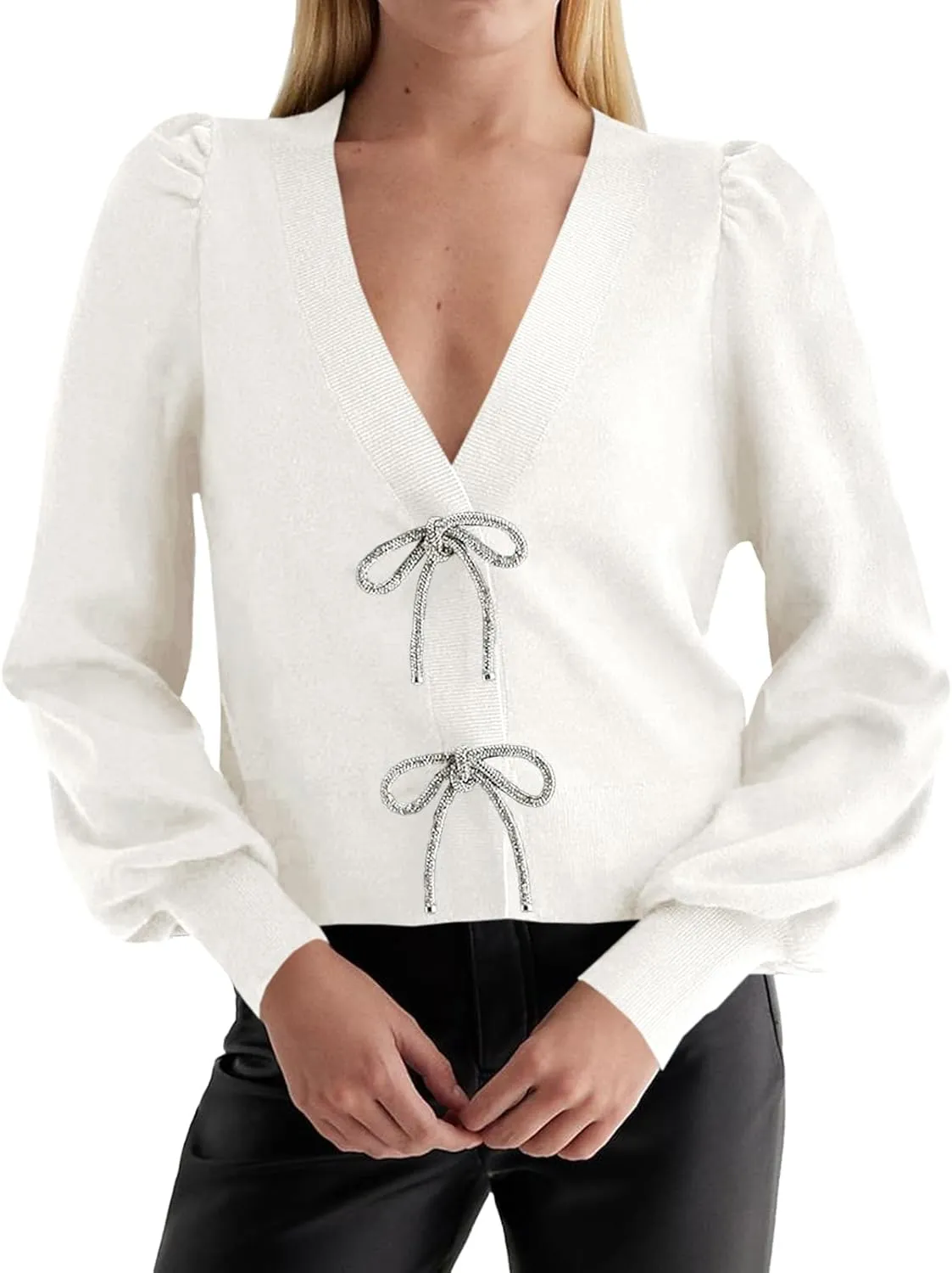 Saodimallsu Womens Puff Long Sleeve Sweaters V Neck Cropped Bow Button Front Cozy Knit Cardigan Sweater Tops