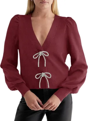 Saodimallsu Womens Puff Long Sleeve Sweaters V Neck Cropped Bow Button Front Cozy Knit Cardigan Sweater Tops