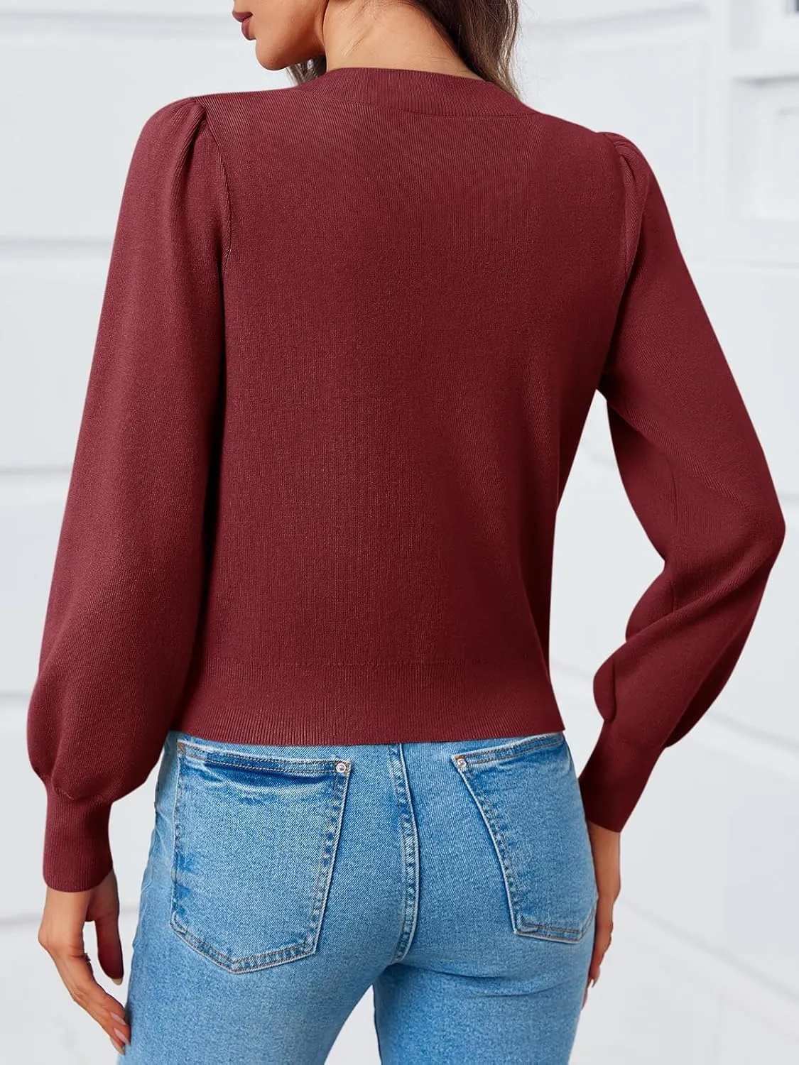 Saodimallsu Womens Puff Long Sleeve Sweaters V Neck Cropped Bow Button Front Cozy Knit Cardigan Sweater Tops