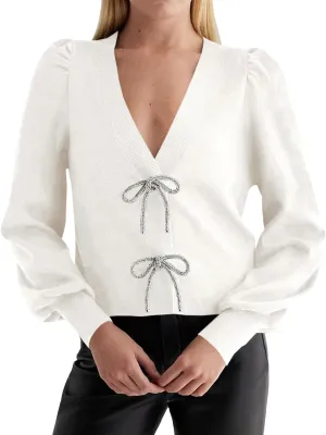 Saodimallsu Womens Puff Long Sleeve Sweaters V Neck Cropped Bow Button Front Cozy Knit Cardigan Sweater Tops