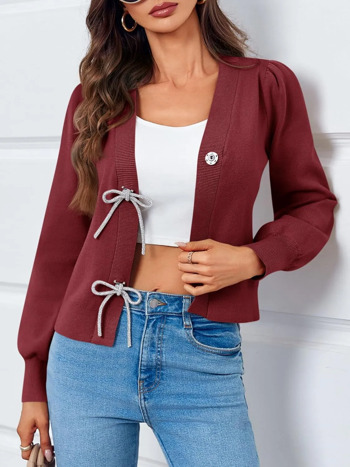 Saodimallsu Womens Puff Long Sleeve Sweaters V Neck Cropped Bow Button Front Cozy Knit Cardigan Sweater Tops