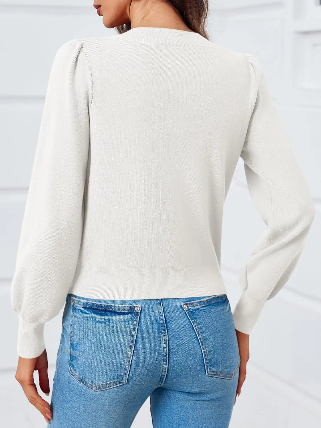Saodimallsu Womens Puff Long Sleeve Sweaters V Neck Cropped Bow Button Front Cozy Knit Cardigan Sweater Tops