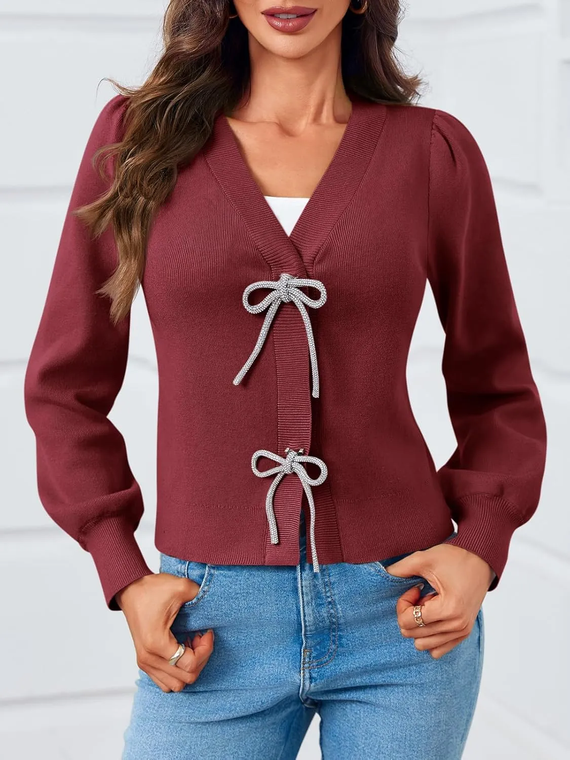 Saodimallsu Womens Puff Long Sleeve Sweaters V Neck Cropped Bow Button Front Cozy Knit Cardigan Sweater Tops