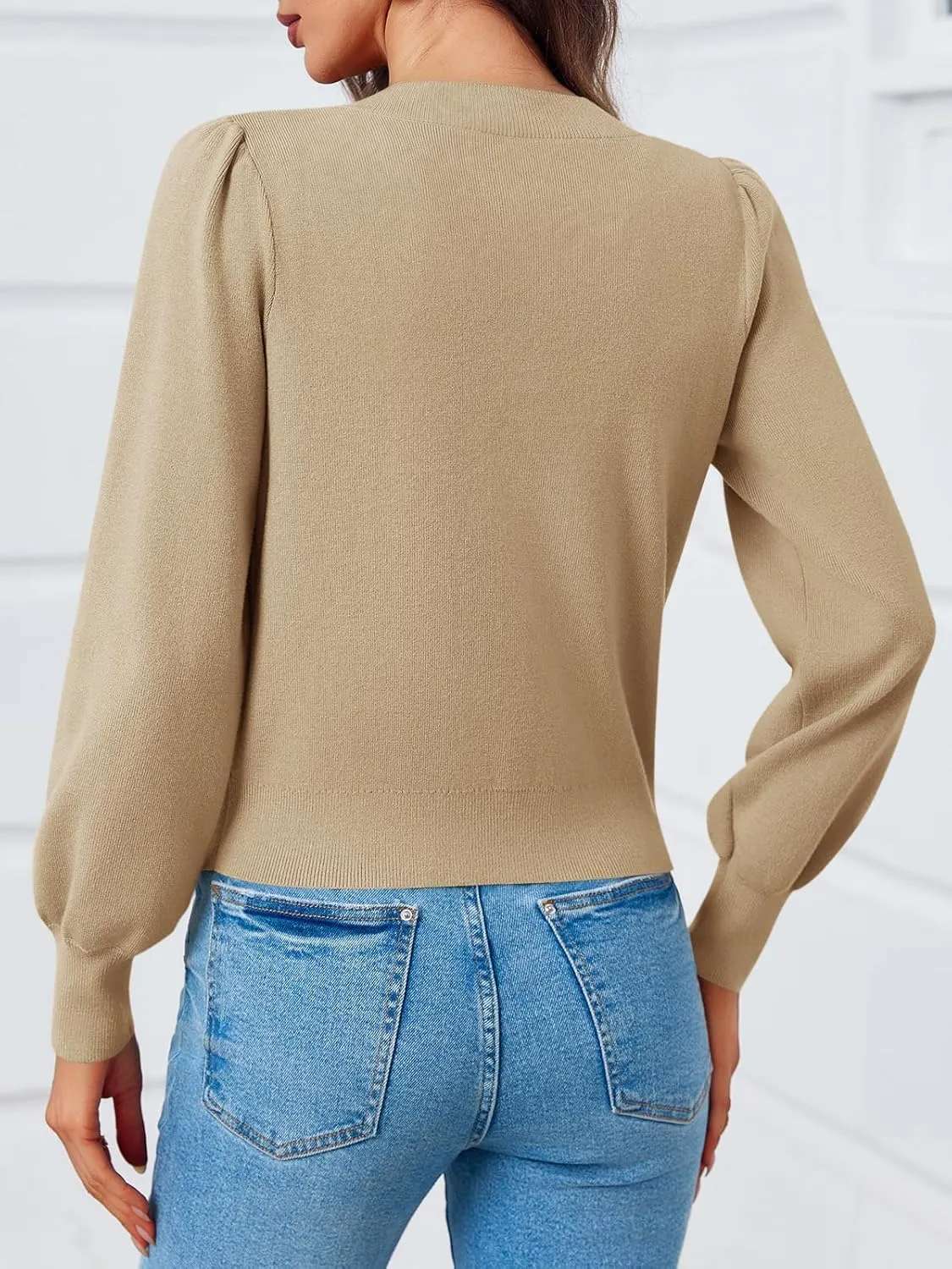 Saodimallsu Womens Puff Long Sleeve Sweaters V Neck Cropped Bow Button Front Cozy Knit Cardigan Sweater Tops