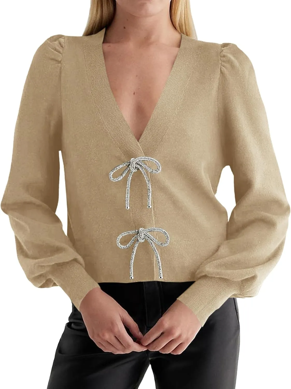 Saodimallsu Womens Puff Long Sleeve Sweaters V Neck Cropped Bow Button Front Cozy Knit Cardigan Sweater Tops