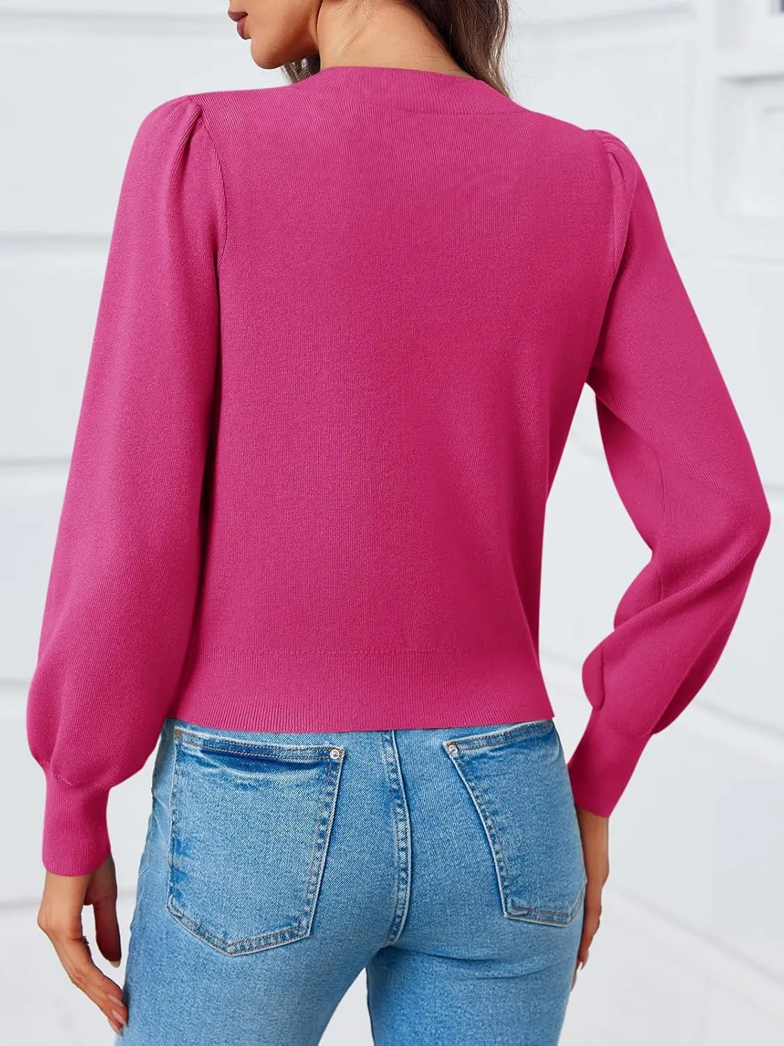 Saodimallsu Womens Puff Long Sleeve Sweaters V Neck Cropped Bow Button Front Cozy Knit Cardigan Sweater Tops