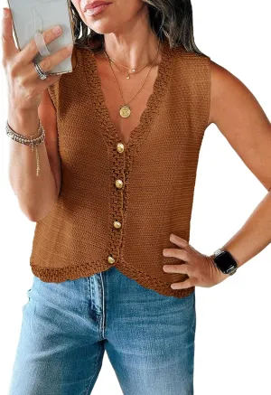 Saodimallsu Womens Sleeveless V Neck Sweater Vest Cropped Button Down Crochet Casual Loose Knit Summer Going Out Tops