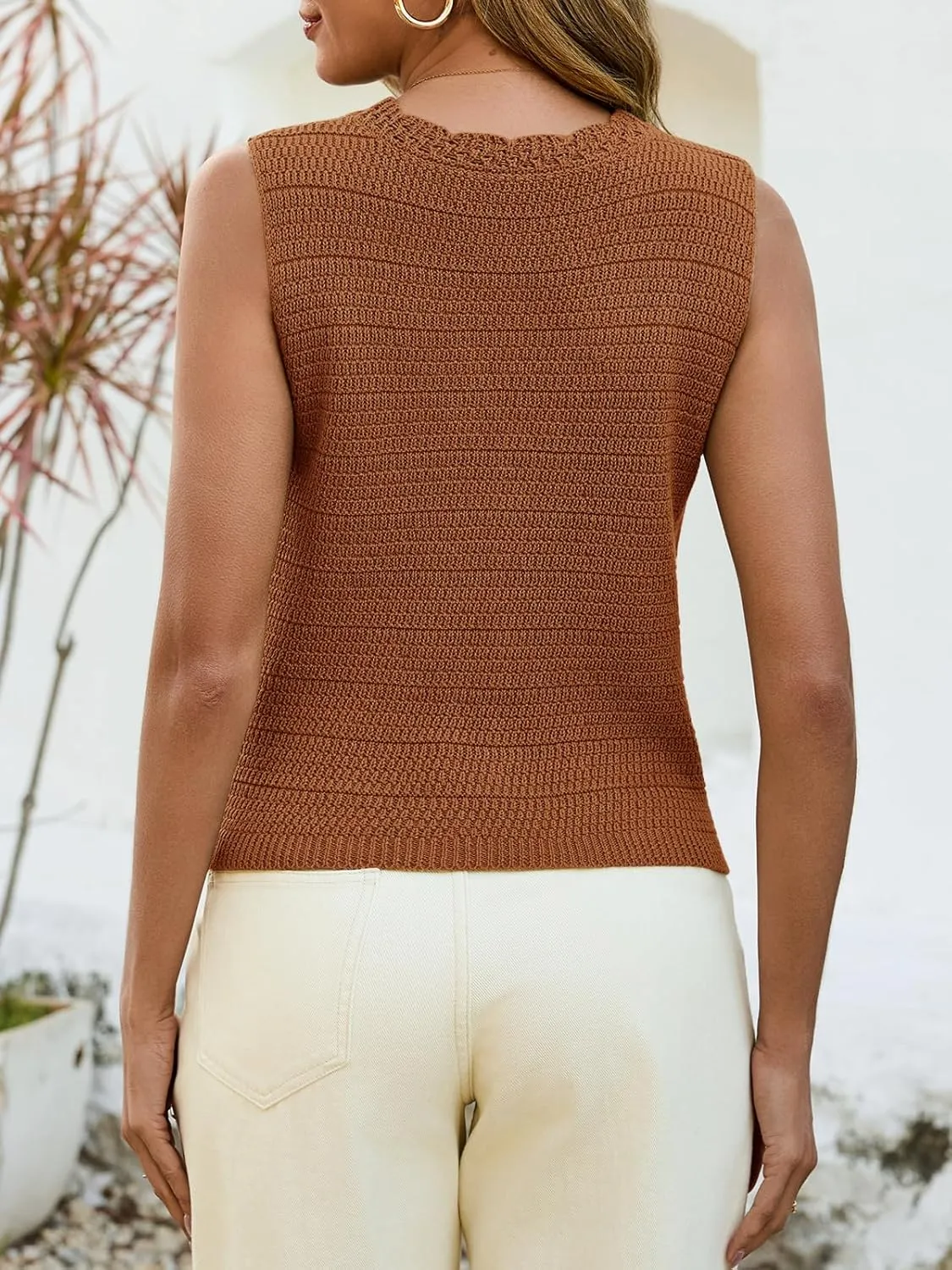 Saodimallsu Womens Sleeveless V Neck Sweater Vest Cropped Button Down Crochet Casual Loose Knit Summer Going Out Tops