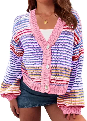 Saodimallsu Womens Striped Cardigan Sweaters Oversized Puff Sleeve Button Up V Neck Color Block Knit Sweater Coat